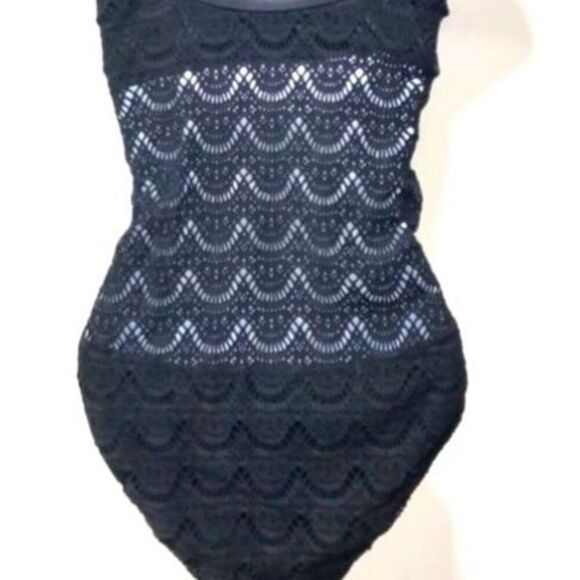 Jantzen Swim Bathing Suit Black Crochet Lace Bikini Strapless Hi Cut One Piece L - Picture 2 of 14